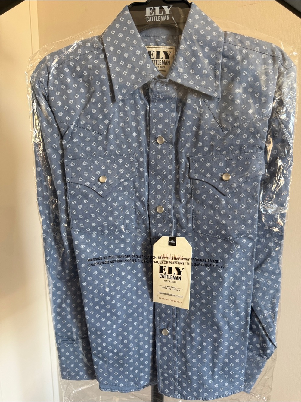 Ely Cattleman Boys Light Blue Printed Western Button-Down Shirt